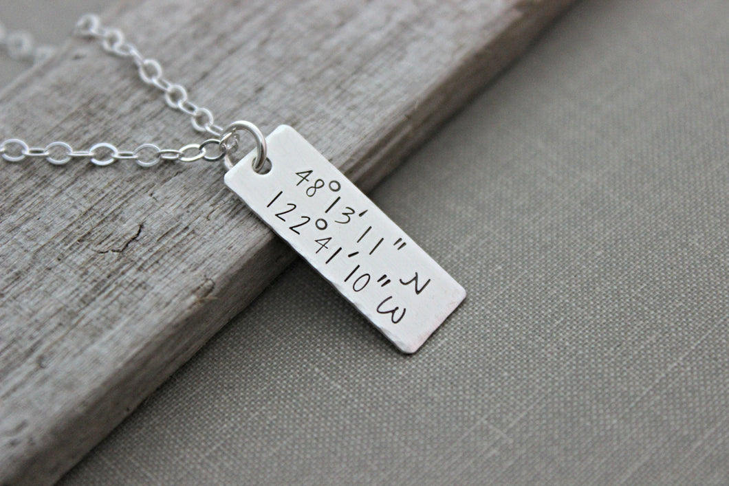 Custom Coordinates Necklace - Sterling Silver - Gift for her - Rectangle Bar Charm - Special Place Beach - Favorite location - wedding