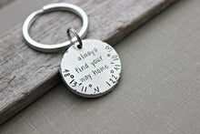Load image into Gallery viewer, always find your way home - custom GPS coordinates keychain - latitude and longitude - gift idea for him - silver thick pewter coin
