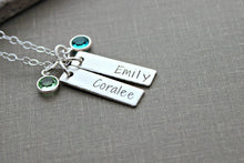 Load image into Gallery viewer, Sterling Silver Name 2 Bar Necklace with Swarovski crystal birthstone, Rectangle Charm,  Personalized, Nameplate, Mommy Jewelry two names
