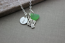 Load image into Gallery viewer, Personalized Sterling silver celtic cross Necklace with genuine Sea Glass and Initial Charm , Irish necklace,  Beach jewelry - Gift for her
