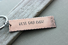 Load image into Gallery viewer, Best Day Ever including date, Copper Hand Stamped Keychain, Long Rectangle gift idea for him,  Antiqued rustic style, Wedding Day Gift Groom

