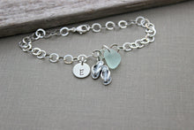 Load image into Gallery viewer, Sterling Silver Flip flop and genuine Sea Glass Charm Bracelet Personalized with Hand Stamped Initial Charm, Gift for beach lover

