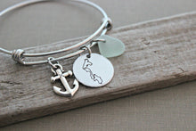 Load image into Gallery viewer, Whidbey Island Bracelet - stainless steel adjustable beach bangle bracelet - beach or anchor charm, genuine sea glass beach jewelry
