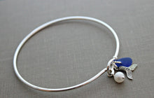 Load image into Gallery viewer, Mermaid tail bracelet - cobalt blue sea glass - Sterling silver seaglass wire bangle bracelet - hook and loop closure - Gift for her
