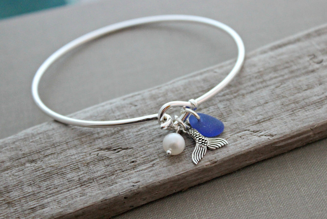 Mermaid tail bracelet - cobalt blue sea glass - Sterling silver seaglass wire bangle bracelet - hook and loop closure - Gift for her