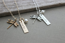 Load image into Gallery viewer, dragonfly necklace - Sterling Silver or gold fill rectangle Bar Breathe  - Swarovski Crystal white pearl, Hand stamped - Motivational quote
