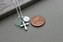Load image into Gallery viewer, Personalized Charm Necklace with Sterling Silver Cross Sea Glass and Initial Charm, Puffed Cross, Faith Necklace, Confirmation Gift idea
