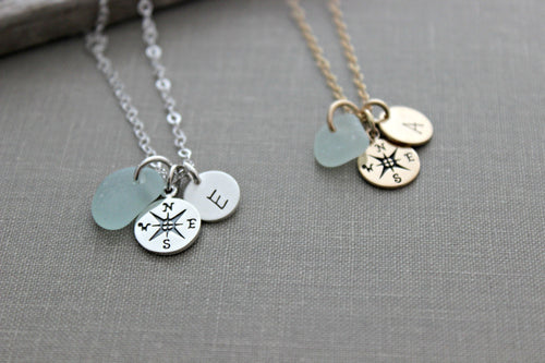 Sterling Silver or gold Compass necklace, genuine Sea Glass, personalized mini initial,  Beach Jewelry Graduation gift idea travel  wanderer