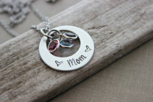 Load image into Gallery viewer, Mom Necklace - Pewter Hand Stamped Silver tone offset Washer - Stainless steel chain - Swarovski crystal Birthstones - Grandmother gift
