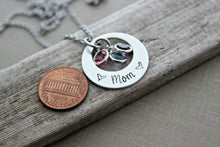 Load image into Gallery viewer, Mom Necklace - Pewter Hand Stamped Silver tone offset Washer - Stainless steel chain - Swarovski crystal Birthstones - Grandmother gift
