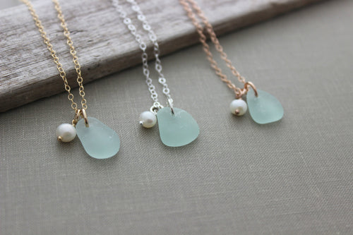 Genuine sea glass necklace with Freshwater pearl - sterling silver, rose gold fill or gold filled - Beach Glass necklace - summer