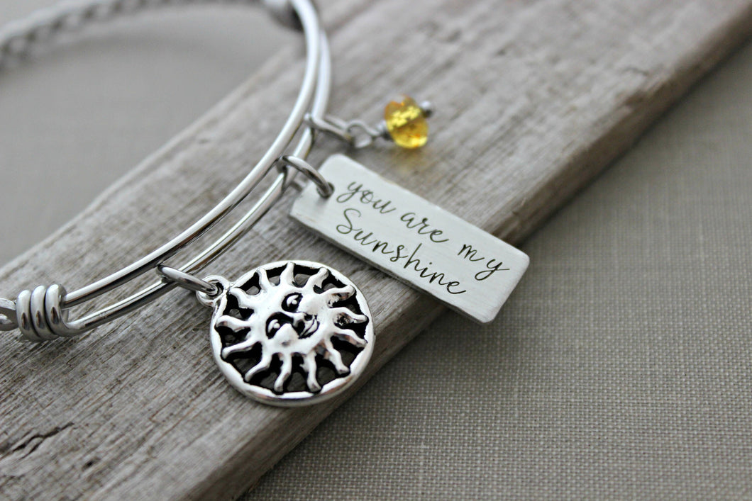 you are my sunshine - Hand stamped silver stainless steel braided wire bangle bracelet - Swarovski yellow crystal with pewter sun charm