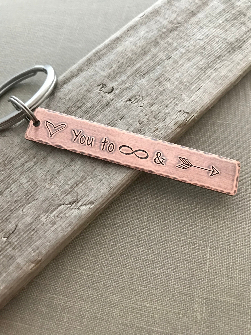 Love you to infinity and beyond keychain - Copper or silver aluminum - Hand Stamped Key chain - Gift idea for him -  Antiqued rustic style
