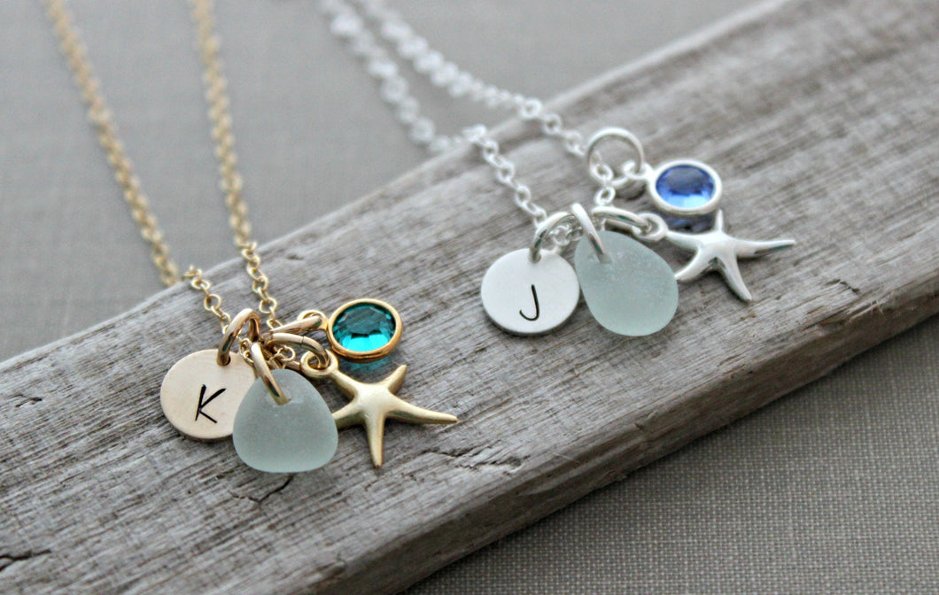Genuine sea glass and starfish necklace - silver or gold - personalized with Swarovski crystal birthstone and initial disc - Beach Jewelry