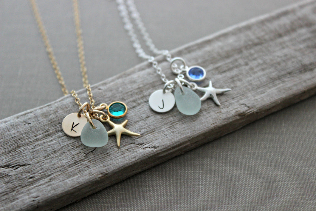 Genuine sea glass and starfish necklace - silver or gold - personalized with Swarovski crystal birthstone and initial disc - Beach Jewelry