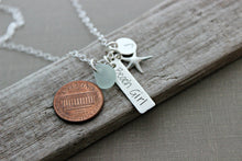 Load image into Gallery viewer, Sterling silver beach girl necklace, hand stamped rectangle bar, genuine sea glass, personalized initial disc and small starfish - Beachy
