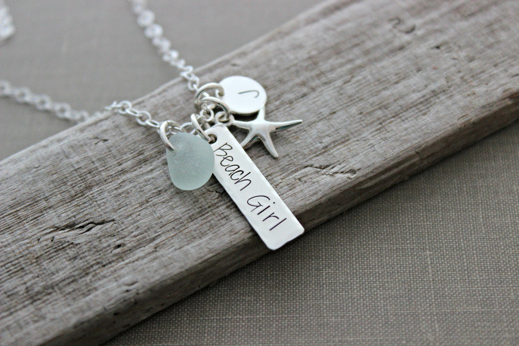 Sterling silver beach girl necklace, hand stamped rectangle bar, genuine sea glass, personalized initial disc and small starfish - Beachy