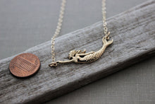 Load image into Gallery viewer, Mermaid Necklace - Gold filled cable chain with bronze sideways mermaid charm - simple beach jewelry - birthday gift for her
