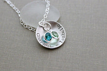 Load image into Gallery viewer, Sterling Silver personalized name Necklace - Cupped Disc with Swarovski Crystal Birthstone Charms - Gift for mom or grandma
