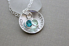 Load image into Gallery viewer, Sterling Silver personalized name Necklace - Cupped Disc with Swarovski Crystal Birthstone Charms - Gift for mom or grandma
