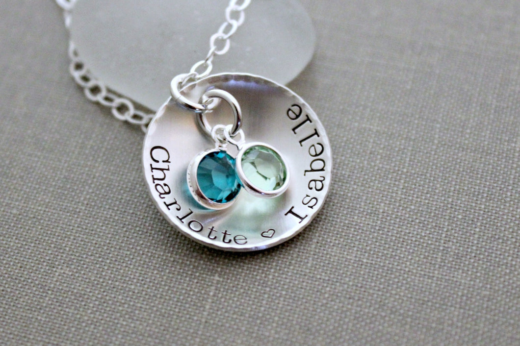 Sterling Silver personalized name Necklace - Cupped Disc with Swarovski Crystal Birthstone Charms - Gift for mom or grandma