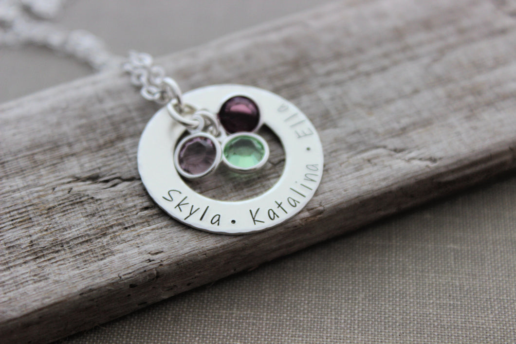 Sterling Silver Name Necklace - Hand Stamped Washer Personalized with Swarovski Crystal Birthstones - Grandchildren - Grandmother - Gift