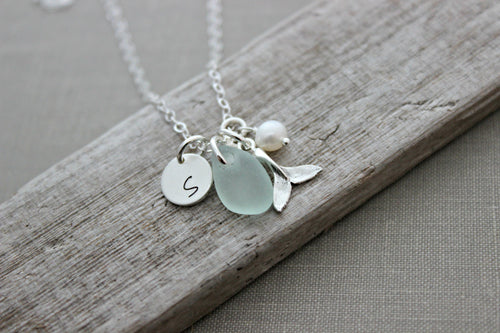 Sterling Silver Whale tail Necklace with Genuine Sea glass, pearl and Initial charm disc, Beach Jewelry, Eco Friendly Fashion