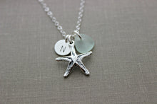 Load image into Gallery viewer, Personalized Charm Necklace with Sterling Silver Starfish, genuine Sea Glass and mini Initial Charm disc, Beach Wedding Bridesmaid Gift

