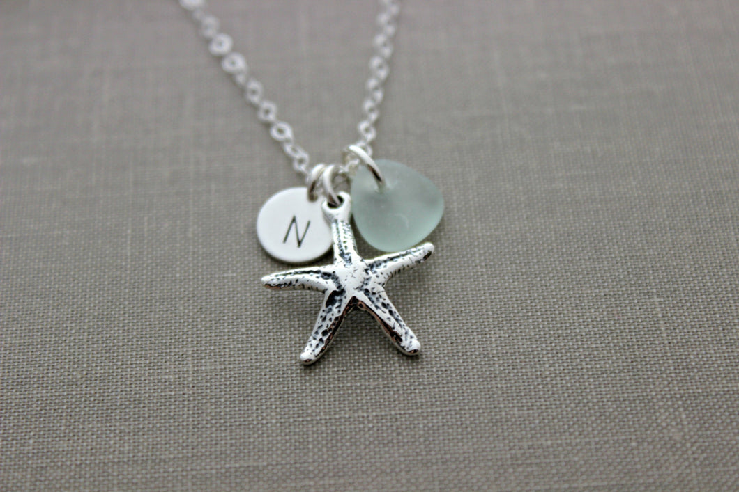 Personalized Charm Necklace with Sterling Silver Starfish, genuine Sea Glass and mini Initial Charm disc, Beach Wedding Bridesmaid Gift
