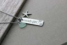 Load image into Gallery viewer, beach girl necklace - starfish charm necklace - genuine sea glass - hand stamped - Stainless steel pewter - seaglass - gift for beach lover
