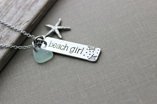beach girl necklace - starfish charm necklace - genuine sea glass - hand stamped - Stainless steel pewter - seaglass - gift for beach lover