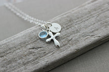 Load image into Gallery viewer, Personalized Charm Necklace with Sterling Silver Cross, Swarovski Crystal Birthstone and Initial Charm, Puffed Cross, Faith Necklace

