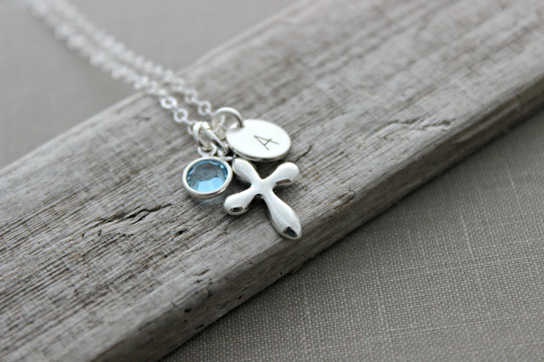 Personalized Charm Necklace with Sterling Silver Cross, Swarovski Crystal Birthstone and Initial Charm, Puffed Cross, Faith Necklace