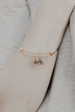 Load image into Gallery viewer, gold plated stainless steel adjustable lucky bangle bracelet with gold or silver elephant charm - Swarovski crystal birthstone, Gita charm
