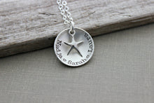 Load image into Gallery viewer, Sterling Silver Beach Mom Starfish Necklace, Cupped Disc with Sterling Starfish and names, Gift for Grandma, Nana, Momma, Personalized Disk
