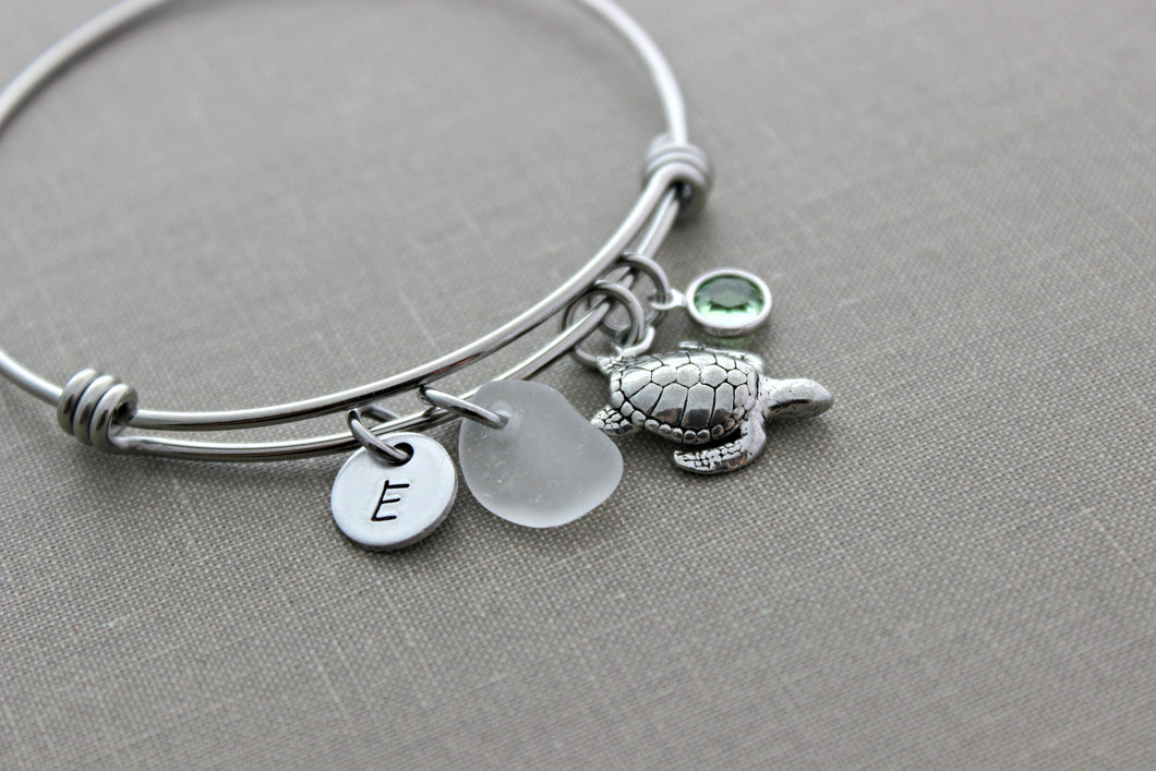 pewter sea turtle charm bracelet, genuine sea glass, initial & Swarovski crystal birthstone stainless steel adjustable beach bangle bracelet