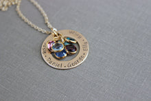 Load image into Gallery viewer, Name necklace - Personalized Washer - Swarovski crystal birthstone charms - gold tone bronze - Personalized Christmas gift - hand stamped
