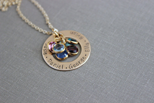 Name necklace - Personalized Washer - Swarovski crystal birthstone charms - gold tone bronze - Personalized Christmas gift - hand stamped