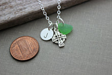 Load image into Gallery viewer, Personalized Sterling silver celtic cross Necklace with genuine Sea Glass and Initial Charm , Irish necklace,  Beach jewelry - Gift for her
