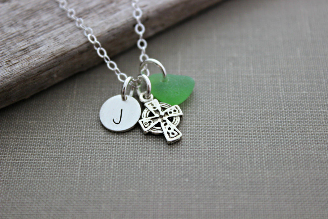 Personalized Sterling silver celtic cross Necklace with genuine Sea Glass and Initial Charm , Irish necklace,  Beach jewelry - Gift for her
