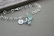 Load image into Gallery viewer, Sterling Silver Flip flop and genuine Sea Glass Charm Bracelet Personalized with Hand Stamped Initial Charm, Gift for beach lover
