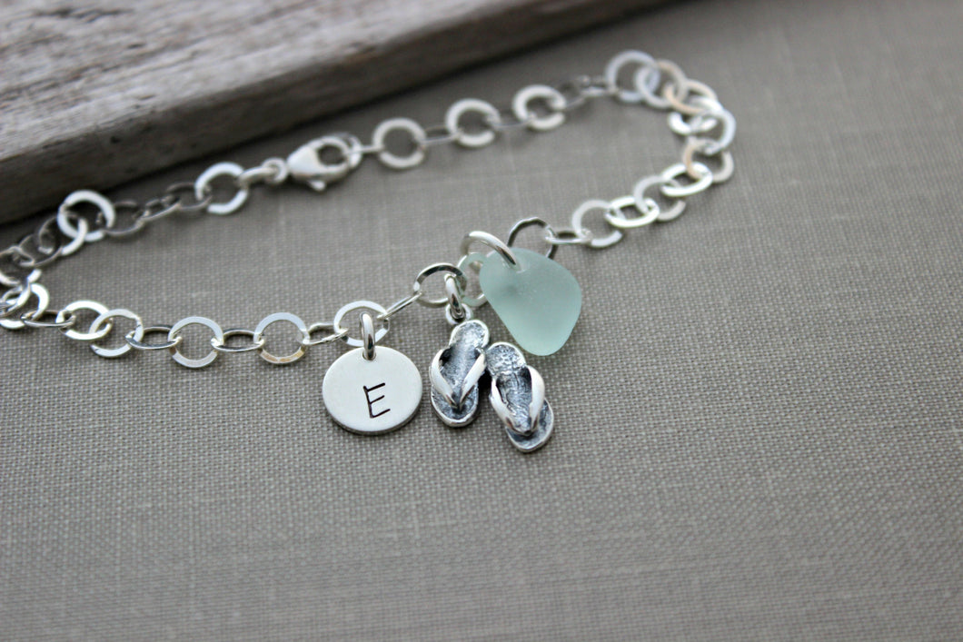 Sterling Silver Flip flop and genuine Sea Glass Charm Bracelet Personalized with Hand Stamped Initial Charm, Gift for beach lover