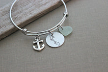 Load image into Gallery viewer, Whidbey Island Bracelet - stainless steel adjustable beach bangle bracelet - beach or anchor charm, genuine sea glass beach jewelry
