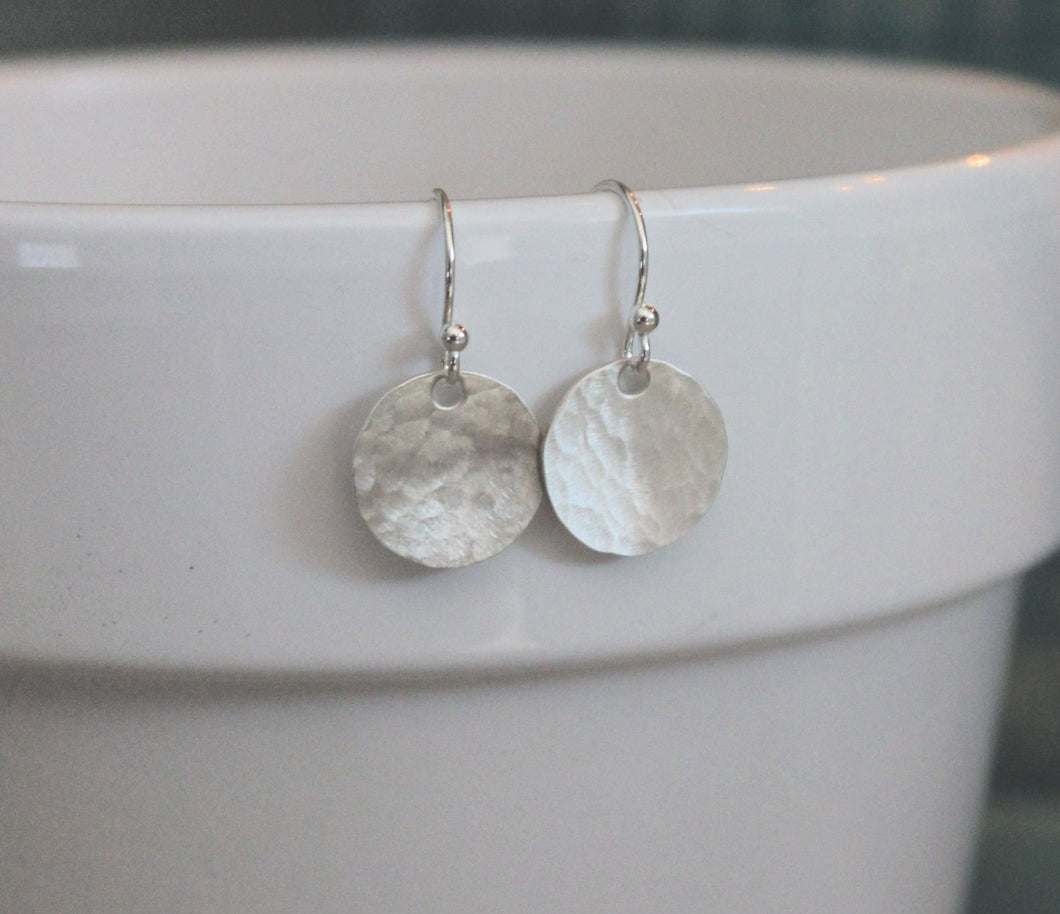 Hammered sterling silver round circle disc earrings, Sterling silver ear wires, Brushed Satin finish, Textured, Modern Dots - gift for her