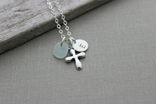 Load image into Gallery viewer, Personalized Charm Necklace with Sterling Silver Cross Sea Glass and Initial Charm, Puffed Cross, Faith Necklace, Confirmation Gift idea
