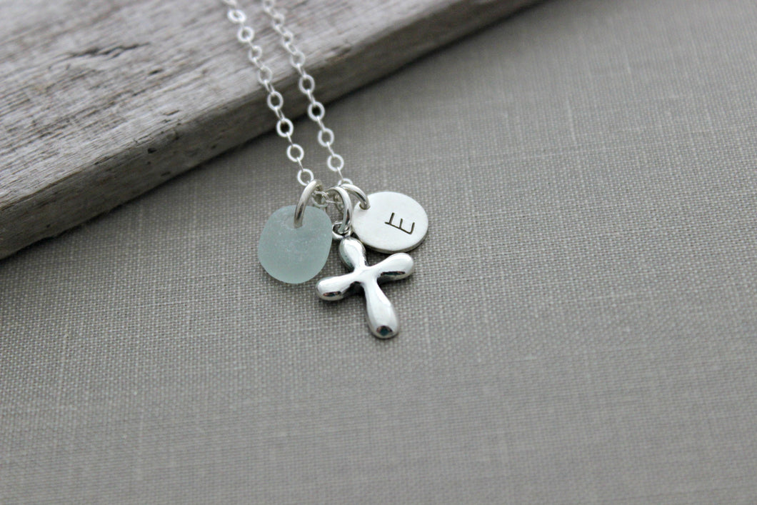 Personalized Charm Necklace with Sterling Silver Cross Sea Glass and Initial Charm, Puffed Cross, Faith Necklace, Confirmation Gift idea