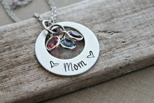 Load image into Gallery viewer, Mom Necklace - Pewter Hand Stamped Silver tone offset Washer - Stainless steel chain - Swarovski crystal Birthstones - Grandmother gift
