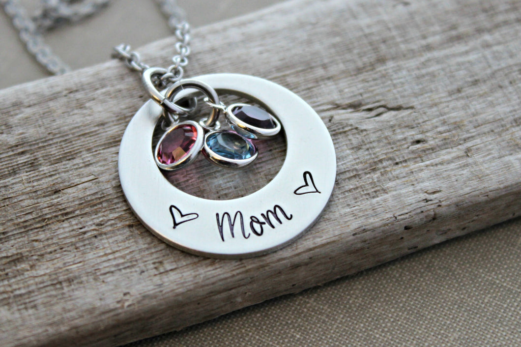 Mom Necklace - Pewter Hand Stamped Silver tone offset Washer - Stainless steel chain - Swarovski crystal Birthstones - Grandmother gift