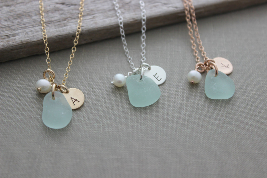 Genuine sea glass, initial and pearl necklace - Personalized - choice of color 14k gold filled, sterling silver or rose gold fill