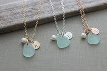 Load image into Gallery viewer, Genuine sea glass, initial and pearl necklace - Personalized - choice of color 14k gold filled, sterling silver or rose gold fill

